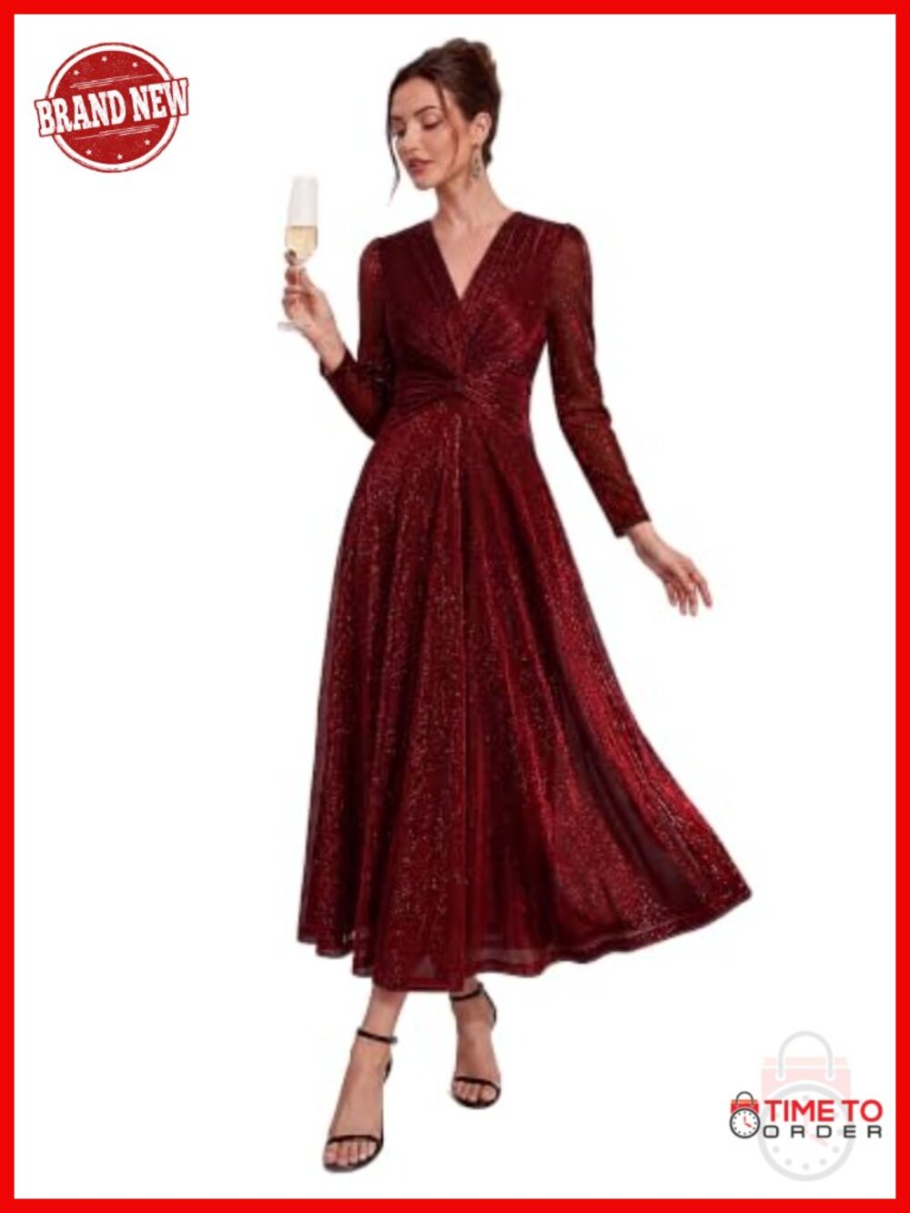 Long Sleeve V Neck Midi Cocktail Dress Lurex Mesh A-Line Formal Wedding Guest